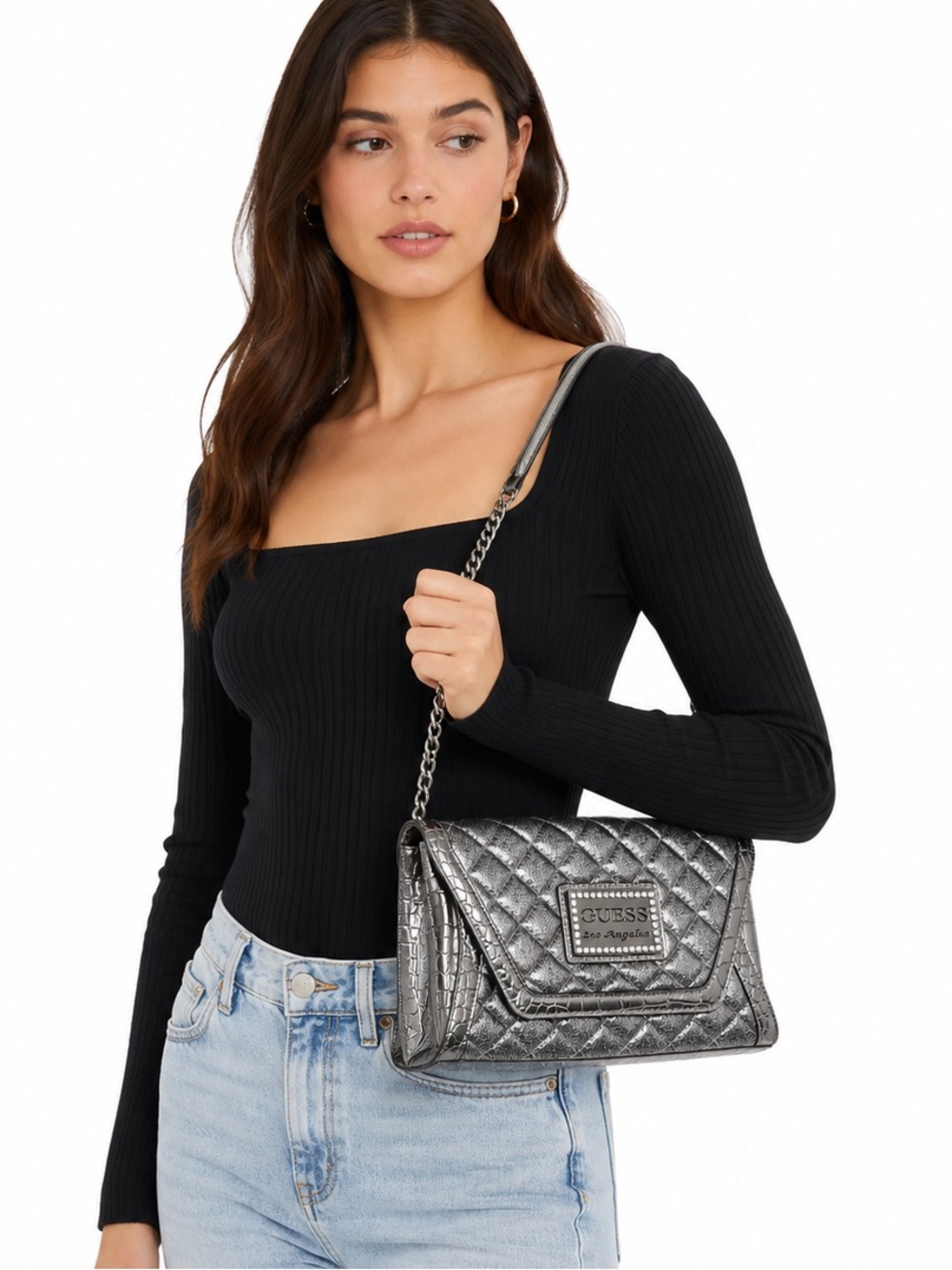 GUESS Los Angeles Metallic Silver Quilted Chain Shoulder Bag Y2K